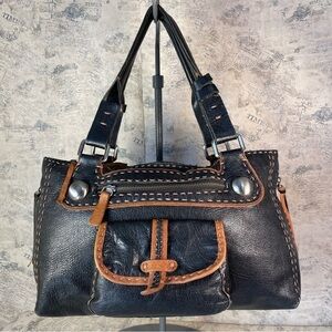 Women's Black Leather Shoulder Bag with Brown Trim